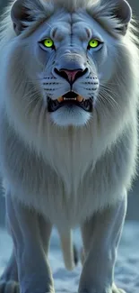 Majestic white lion with green eyes in a snowy setting.