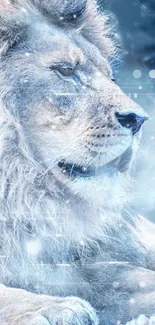 Majestic white lion in serene, abstract light blue winter setting.