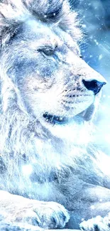 Majestic white lion resting in ethereal blue ambiance.