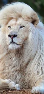 White lion with a majestic mane, lying gracefully.