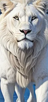 Majestic white lion in a snowy forest.