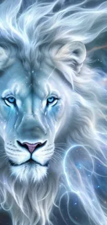 Majestic white lion with a cosmic background in this enchanting mobile wallpaper.