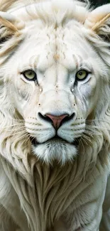 Majestic white lion in natural setting, close-up view.