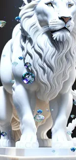 Majestic white lion statue with sparkling crystals, perfect for mobile wallpaper.