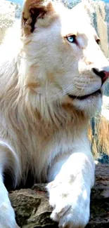 White lion resting with mountain backdrop.