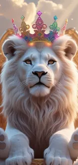 Majestic white lion with a colorful crown seated on a golden throne.