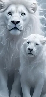 Majestic white lions in artistic fantasy design.