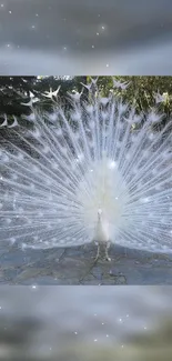 Majestic white peacock with feathers displayed beautifully.