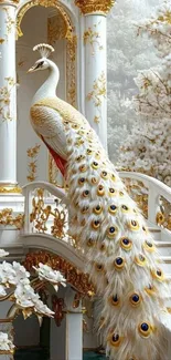 Majestic white peacock on elegant staircase.