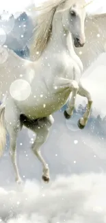 White Pegasus soaring in snowy sky wallpaper.