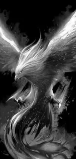 Black and white phoenix with flowing wings.