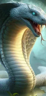 White serpent with open mouth and vivid blue eyes