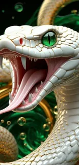 White snake with green eyes and open mouth on mobile wallpaper.
