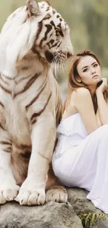 Majestic white tiger with a woman in a serene natural setting for mobile wallpaper.