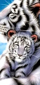 Majestic white tiger and cub art wallpaper with sky blue background.