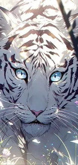 Artistic illustration of a majestic white tiger with striking blue eyes in nature.