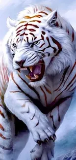 Roaring white tiger artwork in stunning white and blue.