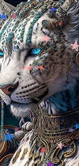 White tiger with blue eyes and gold jewelry in a fantasy art style.