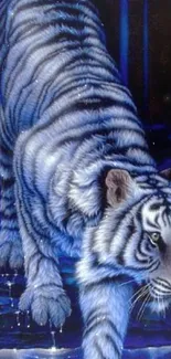 Digital art of a majestic white tiger roaming by blue waters.