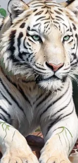 White tiger resting by a stream in a lush forest.