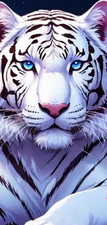 Artistic illustration of a white tiger with blue eyes and pink flowers.
