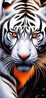 Striking digital artwork of a white tiger with vibrant orange accents.