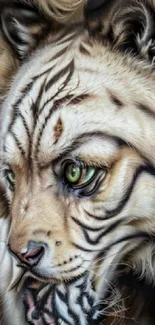 Majestic white tiger with green eyes in artistic wallpaper.