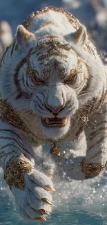 Majestic white tiger with golden accents in motion on water
