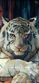 White tiger with bold stripes in a digital forest scene.