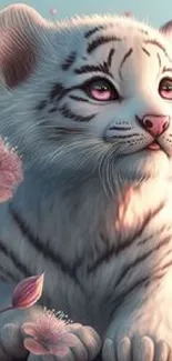 White tiger cub with pink flowers in artistic illustration.