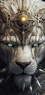 White tiger with gold metallic adornments on its head.