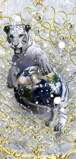 White tiger holding Earth in golden ornate design.