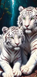 Two majestic white tigers in a forest with ornate gold border.