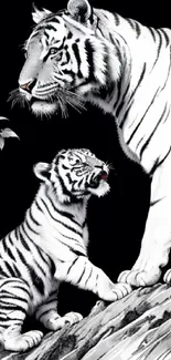 Monochrome illustration of a white tiger and cub on a mobile wallpaper.