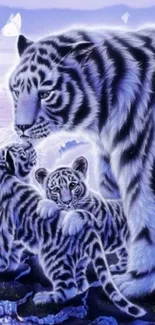 Majestic white tiger family in serene snowy setting.