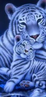 Majestic white tiger family digital art in deep blue tones for mobile wallpapers.