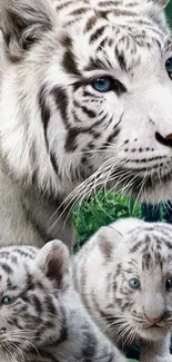 White tiger family in lush greenery wallpaper