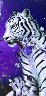 White tiger with butterflies in a purple fantasy setting.