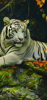 Majestic white tiger resting in an autumn forest surrounded by lush greenery.
