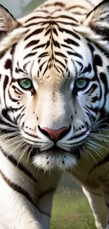 Stunning white tiger with green eyes in a lush forest setting.