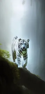 Majestic white tiger in misty forest wallpaper.