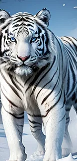 Majestic white tiger walking through snowy landscape, perfect for mobile wallpaper.