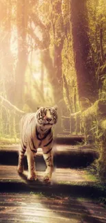 White tiger on forest path with mystical light.