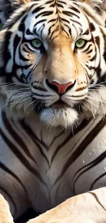 Majestic white tiger with green eyes in lush jungle setting.