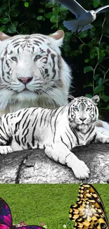 White tiger resting on a log with colorful butterflies and green background.