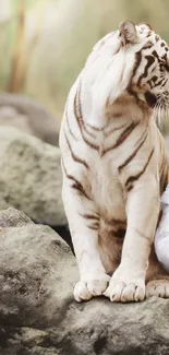 Majestic white tiger sitting on a rock next to a woman in nature.