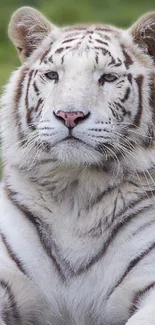 White tiger lounging on green grass in a serene setting.