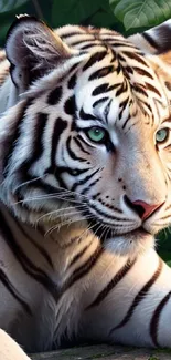 Majestic white tiger with green eyes in a lush jungle setting.