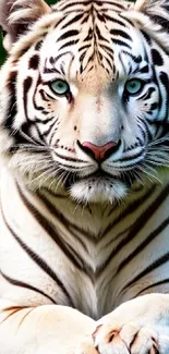 White tiger with green eyes, striking pose in jungle setting, mobile wallpaper.