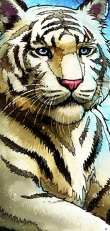 Illustration of a white tiger under a starry night sky.